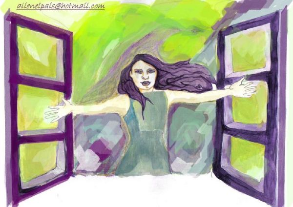 Mujer en una ventana abierta